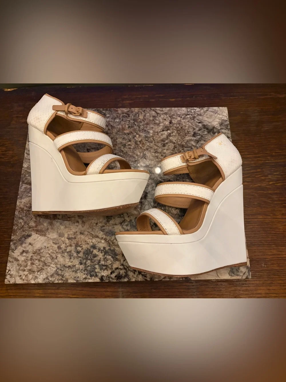 L.A.M.B. Inesa White & Tan Leather Platforms